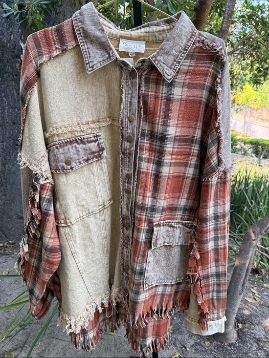 Oli & Hali Jackets & Blazers - Oli & Hali Rust Plaid and Beige Patchwork Jean Jacket
